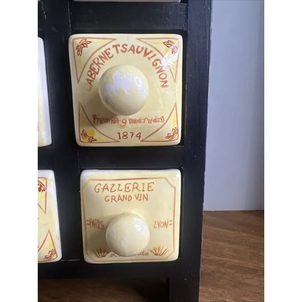 Vintage French Style Apothecary Spice Rack with 6 Porcelain Drawers and Wood Cab